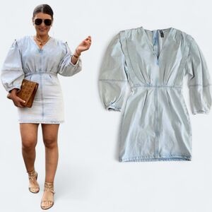 Zara Light Blue Pleated Denim Mini Dress Elbow Length Puff balloon Sleeves